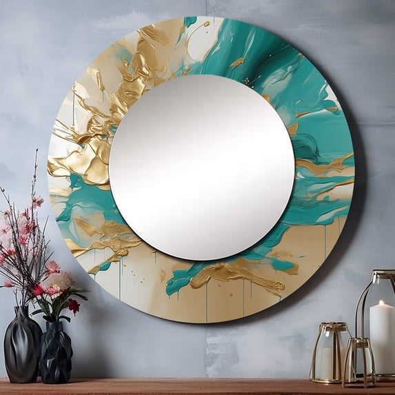 Designart "Turquoise Gold Liquid Marble" Abstract Marble Rund Mirror For Wall Decor - Large Gold Round Print Mirror - Round Modern Mirror - Wall Mounted Round Large Mirror - 23" x 23"