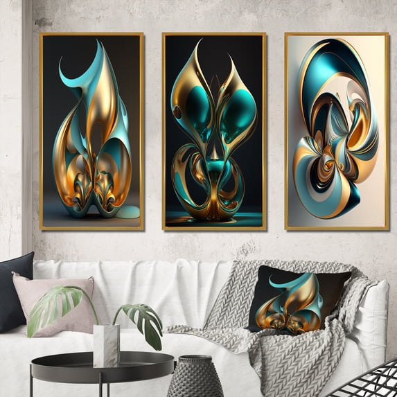 Designart "Turquoise Gold Sphere Rhythm of Infinity in 3D VII" Abstract Fractal Framed Wall Art Set Of 3 - Gold Modern Frame Gallery Wall Set For Home Decor