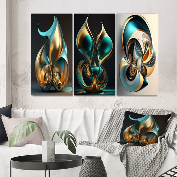 Designart "Turquoise Gold Sphere Rhythm of Infinity in 3D VII" Abstract Fractal Wall Art Set Of 3 - Modern Gold Gallery Wall Set For Home Decor