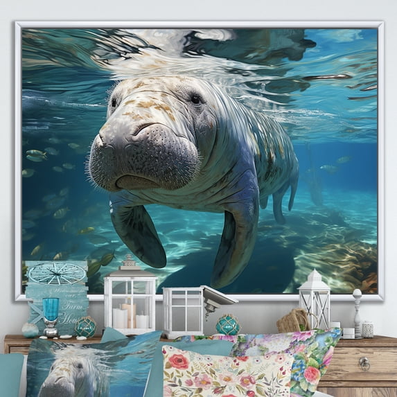 Designart "Turquoise Majesty of the Grey Manatee" Animals Floater Framed Wall Art Living Room