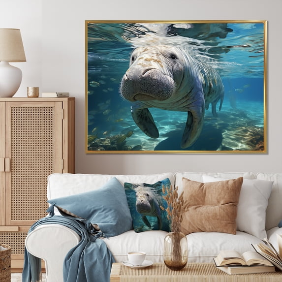 Designart "Turquoise Majesty of the Grey Manatee" Animals Floater Framed Wall Art Living Room