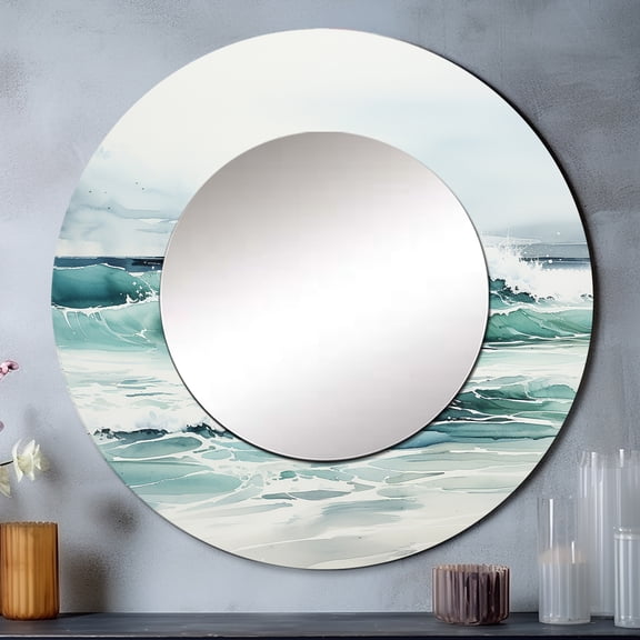 Designart "Turquoise Minimalism Calm Waters" Beach & Ocean Turquoise Large Round Mirror - Round Mirror Wall Décor - Coastal Round Printed Mirror 23" x 23" Inch