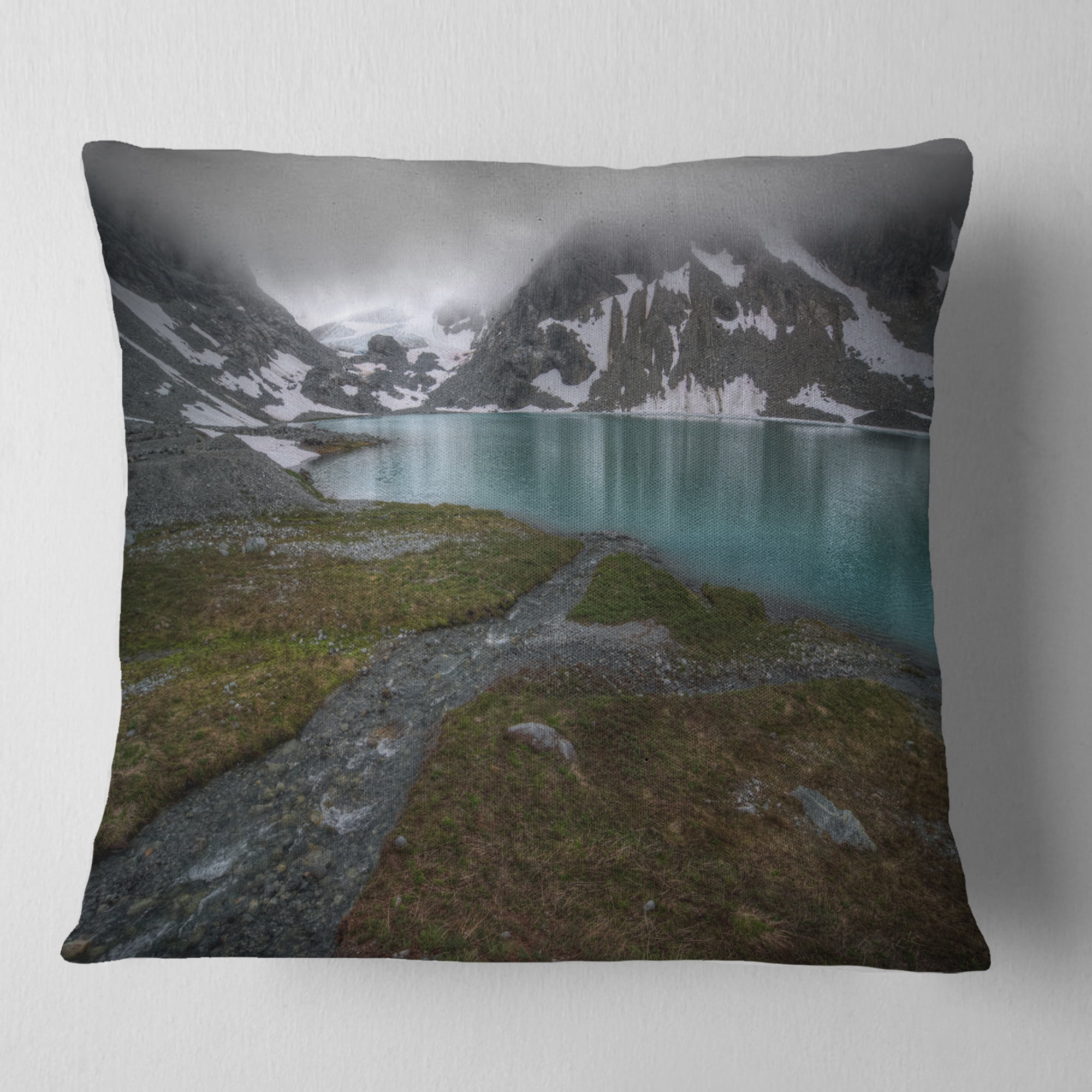 Designart Turquoise Mountain Lake with Clouds - Landscape Printed Throw Pillow - 16x16