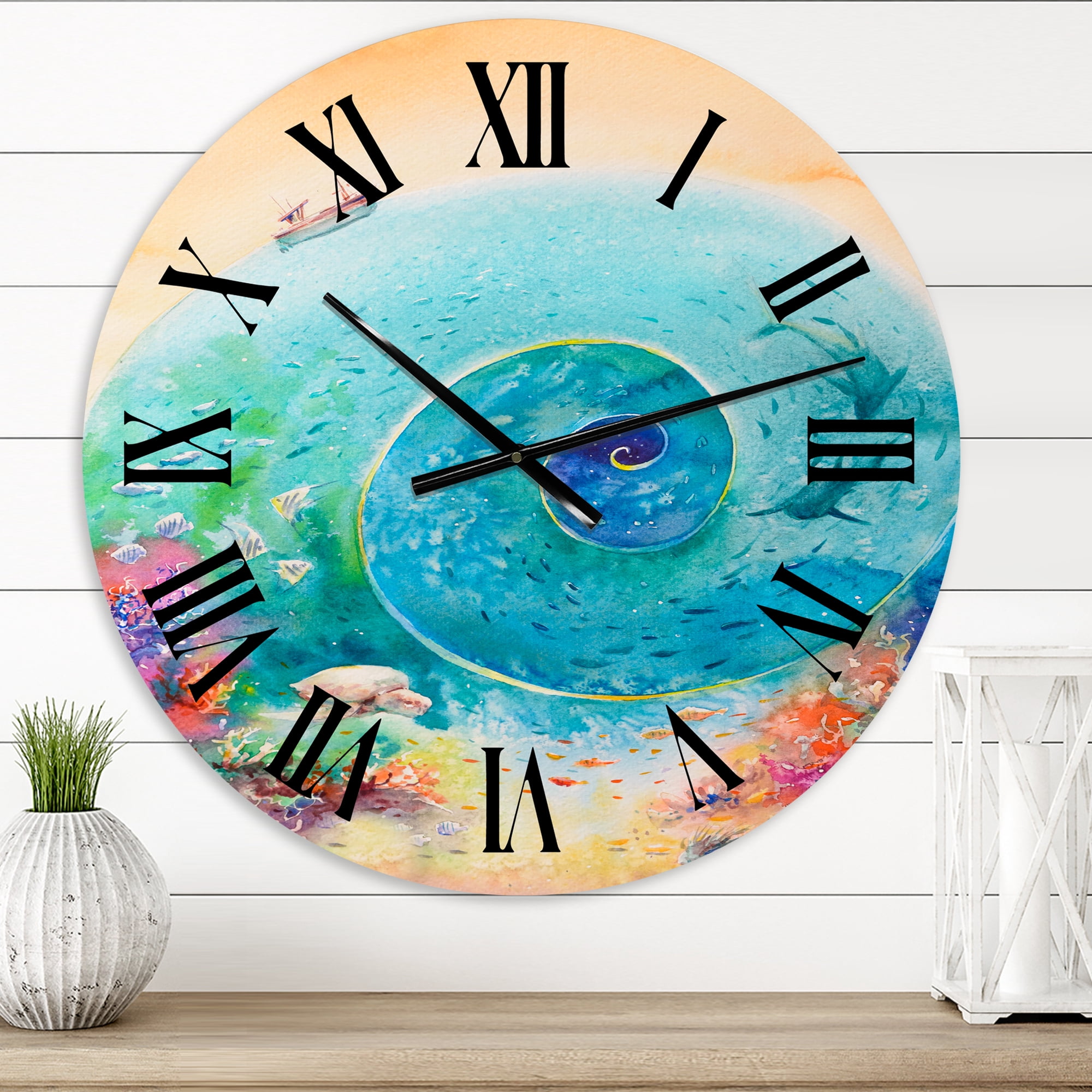 Designart 'Turquoise Ocean Spiral With Coral Reef Fishes' Nautical & Coastal Wall Clock