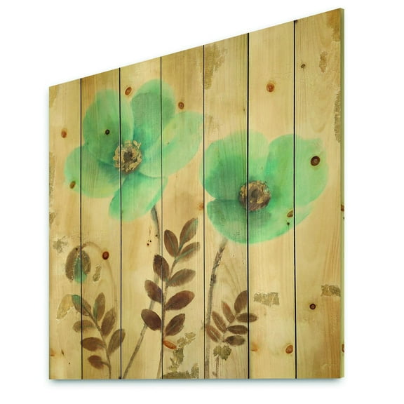 Designart 'Turquoise Poppies Cottage Flowers I' Farmhouse Print on Natural Pine Wood