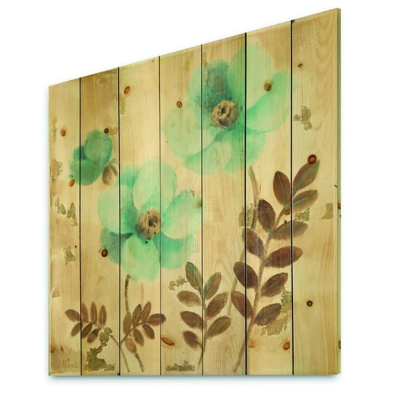 Designart 'Turquoise Poppies Cottage Flowers II' Farmhouse Print on Natural Pine Wood
