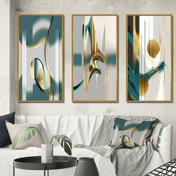 Designart "Turquoise Retro Minimalism Pirouette I" Modern Geometric Framed Wall Art Set Of 3 - Gold Abstract Frame Gallery Wall Set For Home Decor