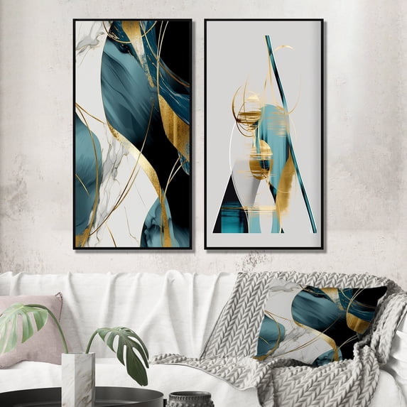 Designart "Turquoise Retro Minimalism Pirouette IX" Modern Geometric Framed Wall Art Set Of 2 - Modern Gold Gallery Wall Frame Set For Home Decor