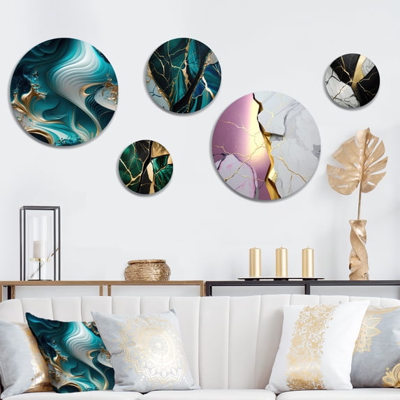 Designart "Turquoise-Tinted Geode Abstraction II" Abstract Marble Metal Wall Art Set of 5 Piece