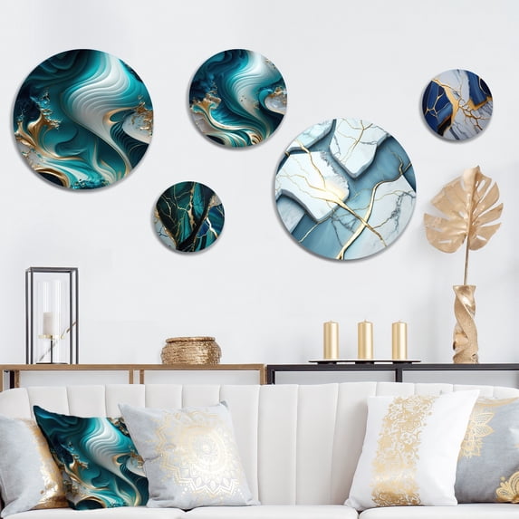 Designart "Turquoise-Tinted Geode Abstraction II" Abstract Marble Metal Wall Art Set of 5 Piece