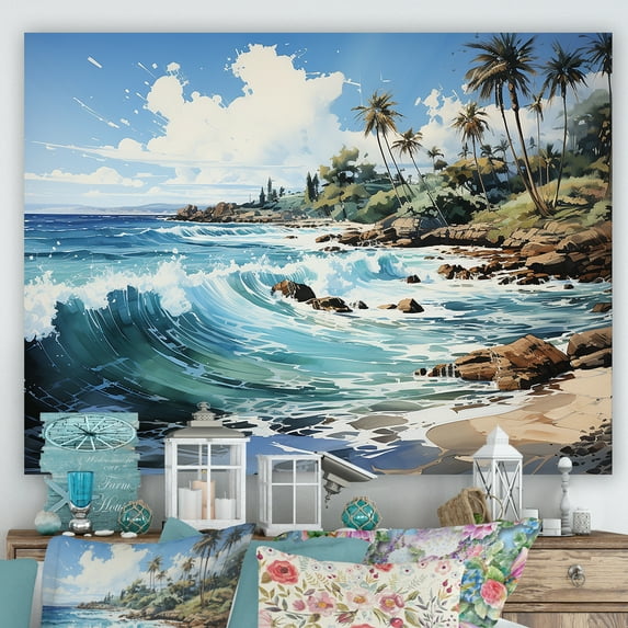 Designart "Turquoise Tropics With Palm Tree" Palms & Palm Trees Canvas Art Print
