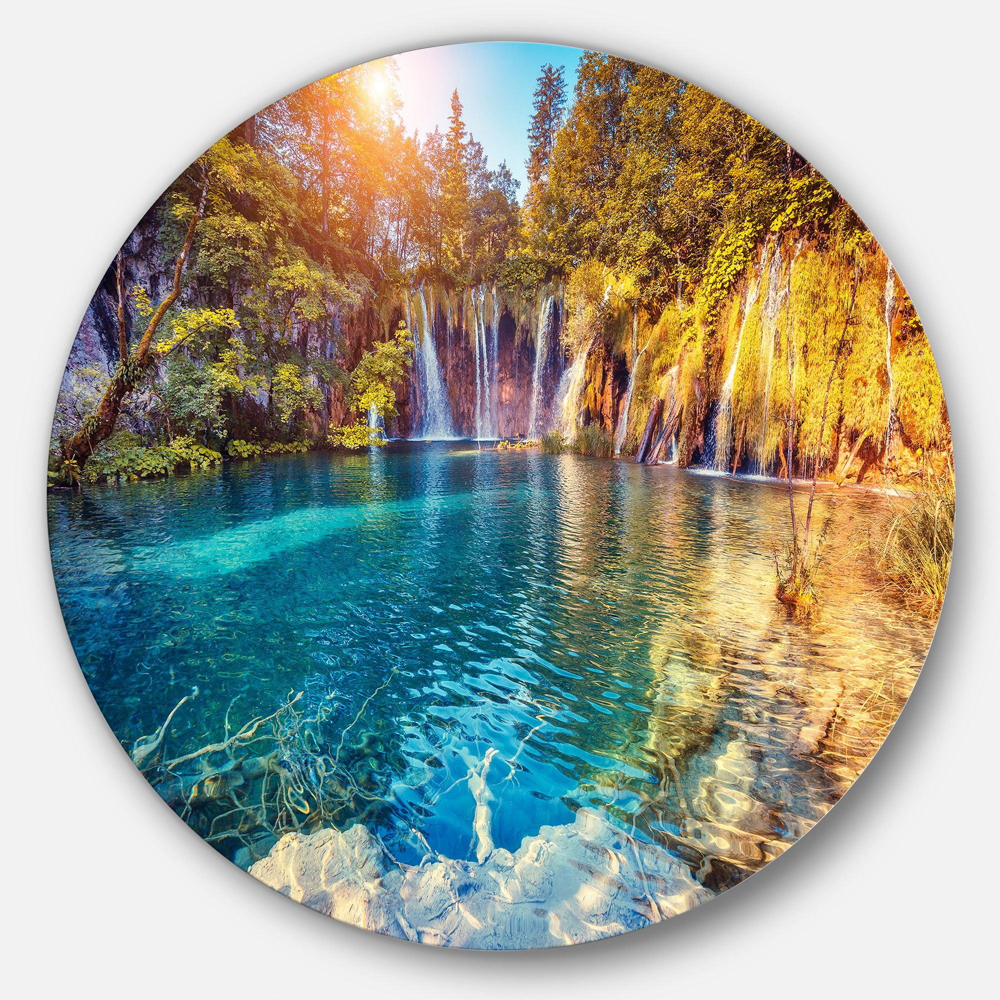 Turquoise Water and Sunny Beams 23" Round Metal Landscape Print