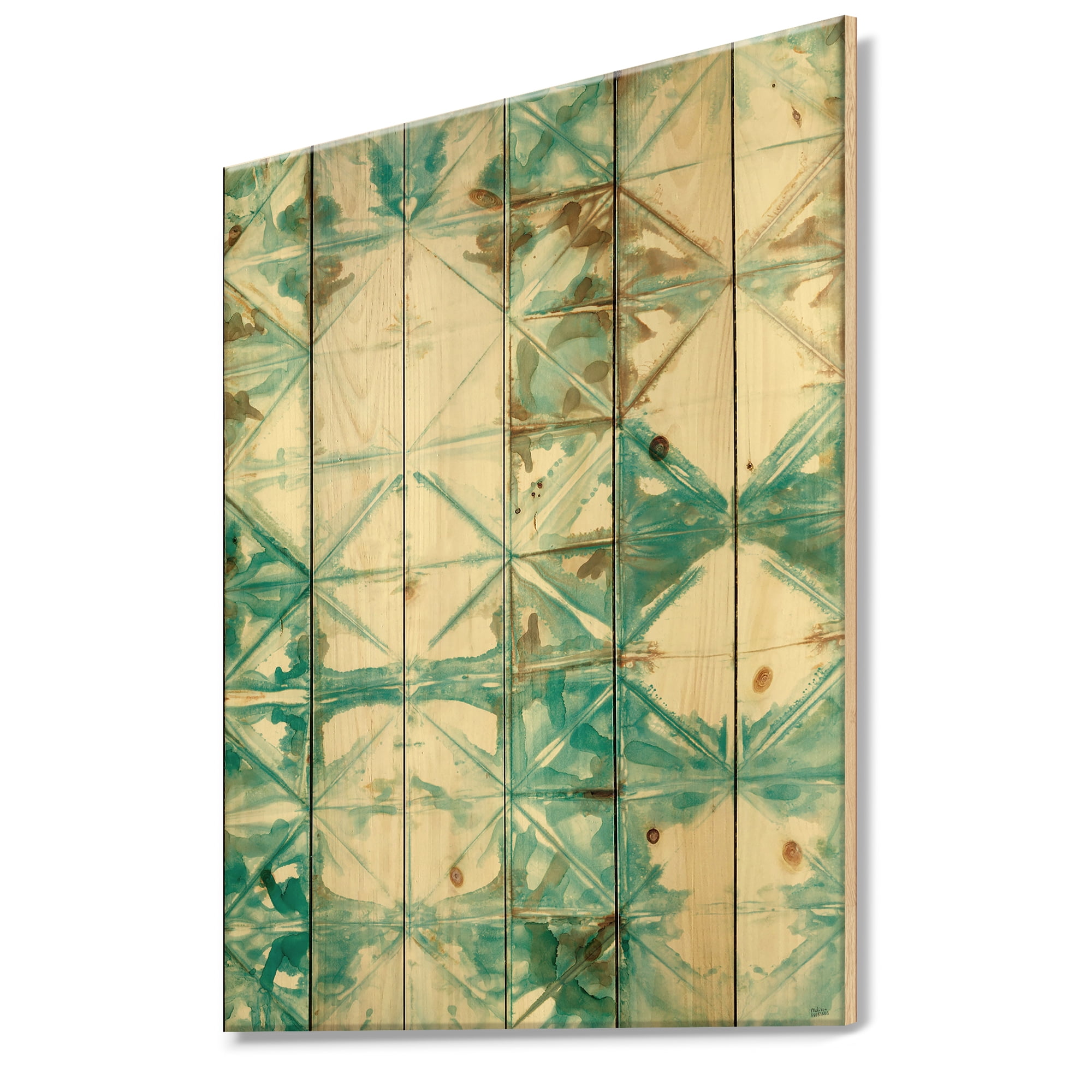 Designart 'Turquoise Watercolor Geometrical Pattern IV' Modern & Transitional Print on Natural Pine Wood