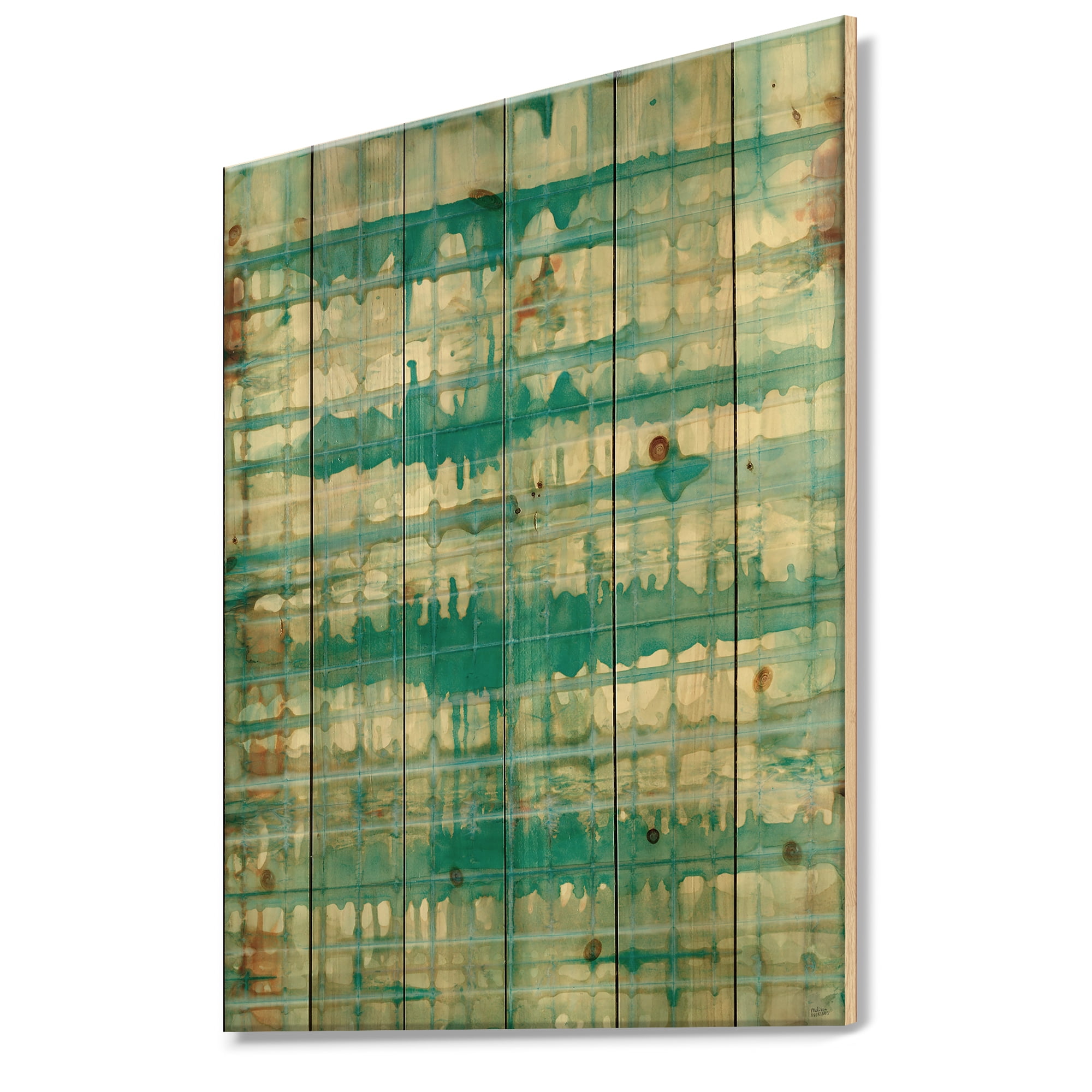 Designart 'Turquoise Watercolor Geometrical Pattern VIII' Modern & Transitional Print on Natural Pine Wood