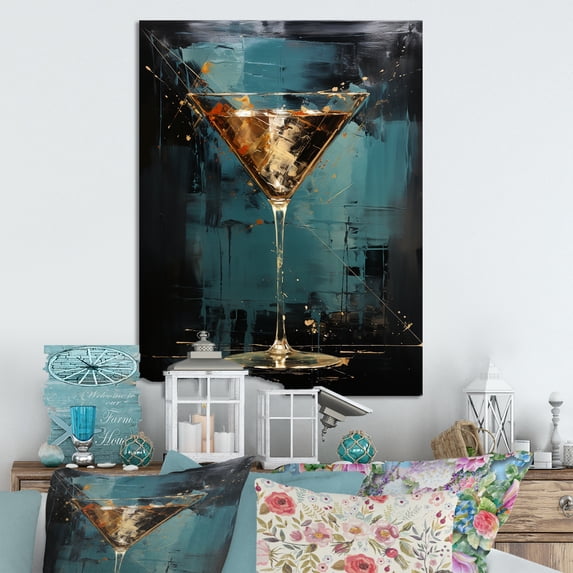 Designart "Turquoise and Gold martini Cocktail In Green"Cocktails Metal Wall Art Green Traditional Living Room Wall Art