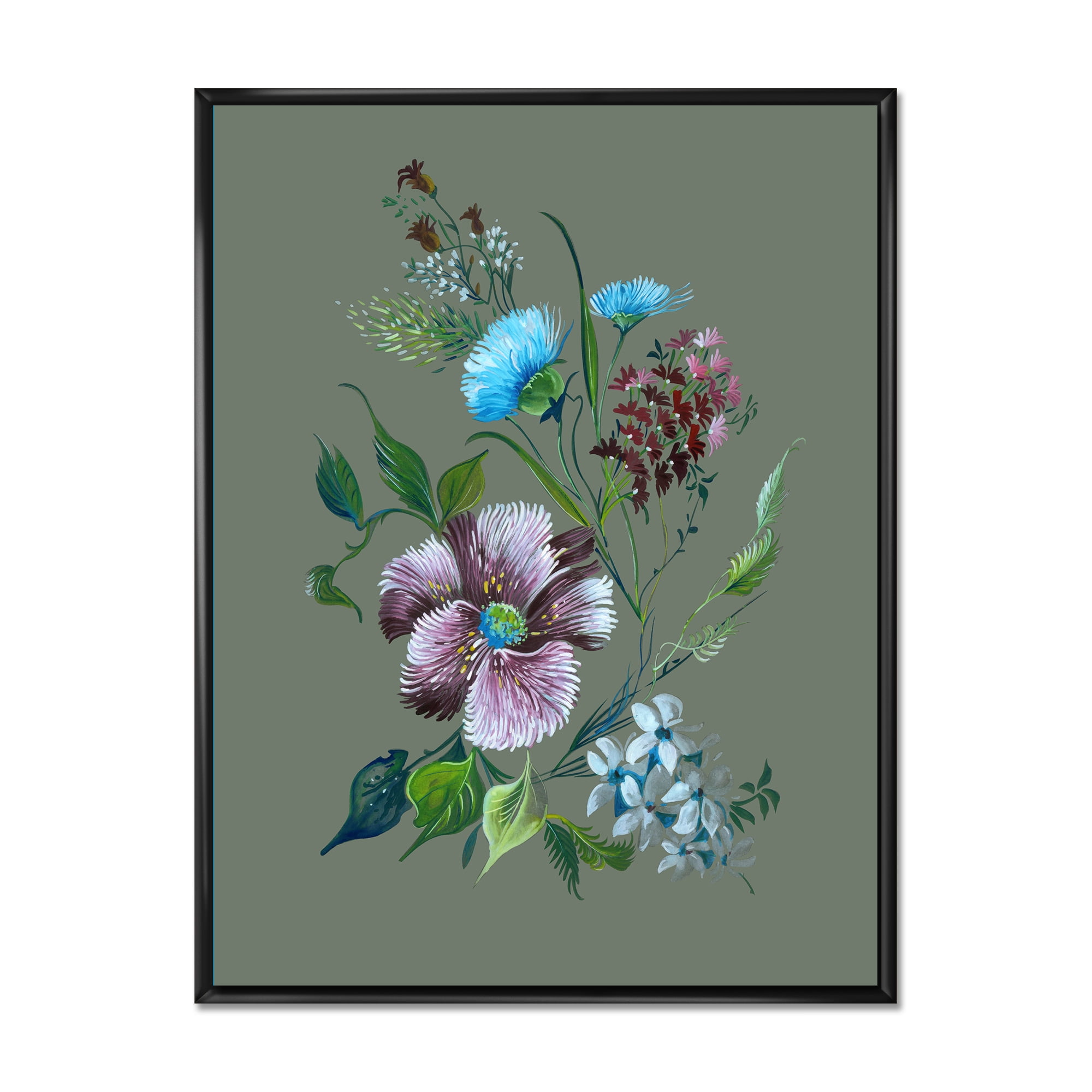 Designart 'Turquoise and Purple Spring Flowers' Traditional Framed Canvas Wall Art Print