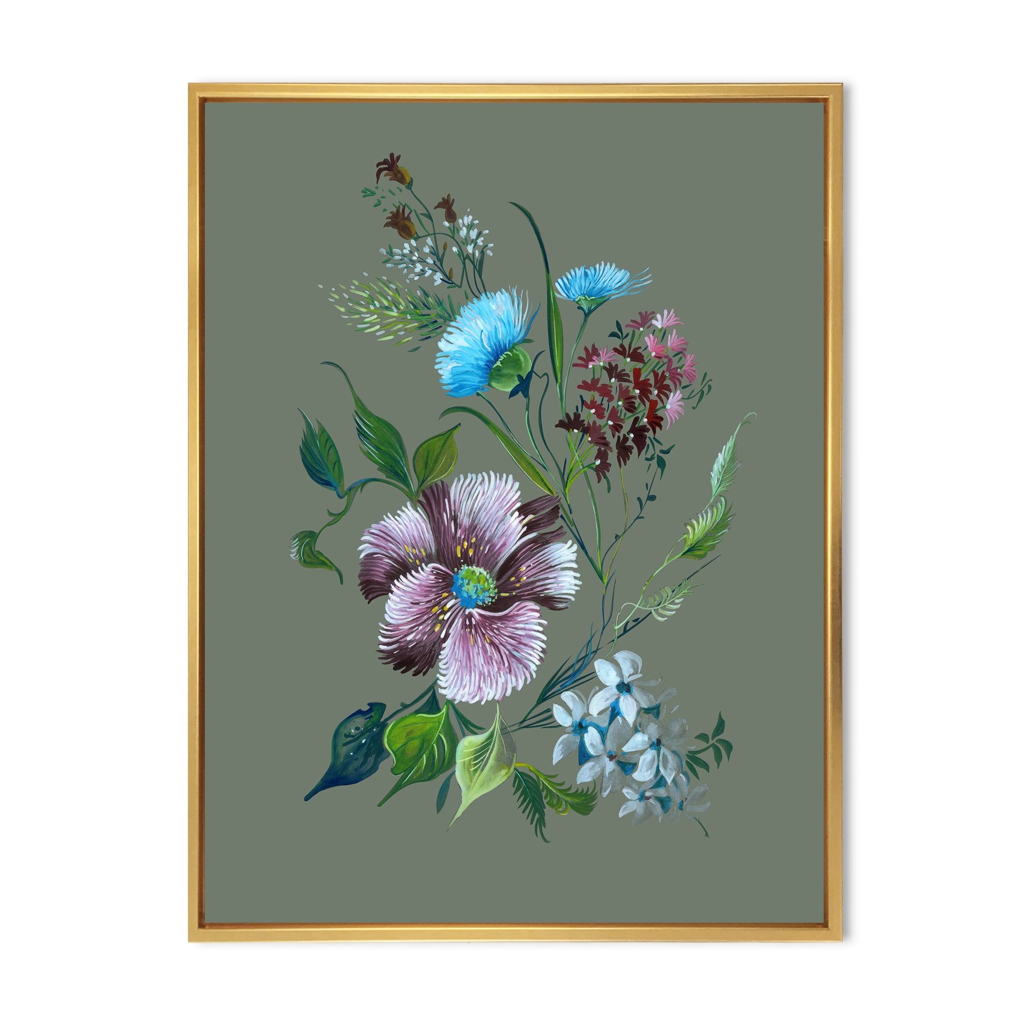 Designart 'Turquoise and Purple Spring Flowers' Traditional Framed Canvas Wall Art Print