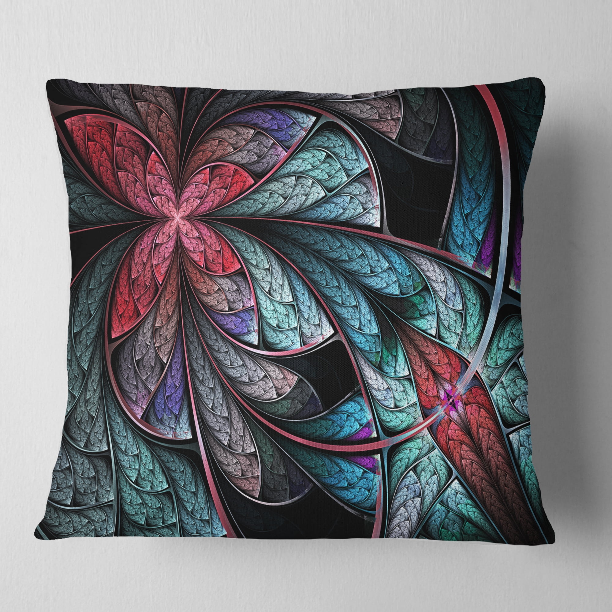 Designart Turquoise and Red Fractal Flower Pattern - Floral Throw Pillow - 16x16