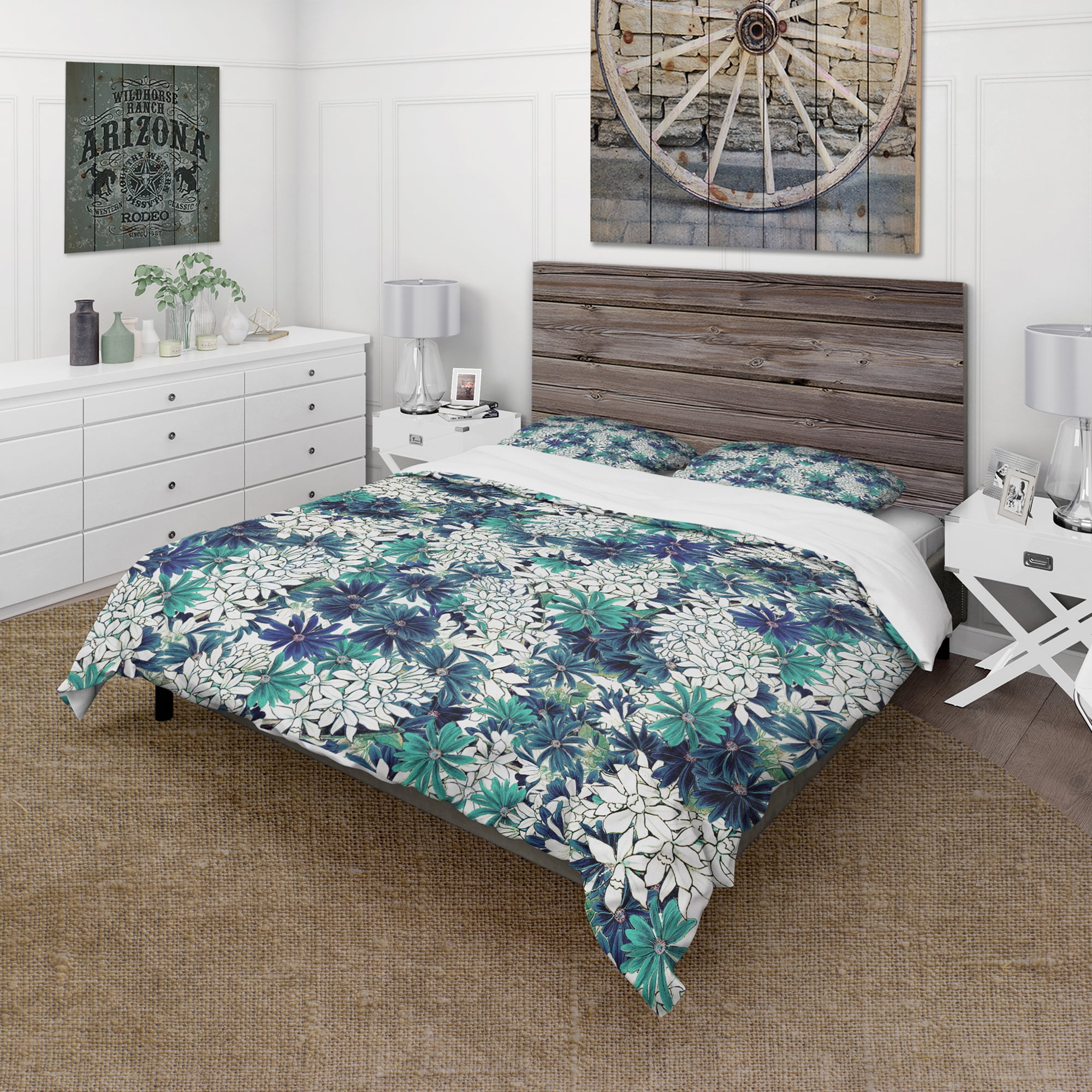 Designart 'Turquoise and White Ocean Of Flowers' Floral Duvet Cover Set