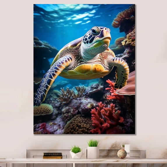 Designart "Turtle Encounter Green Blue Marine Animals I" Animals Wall Art Living Room