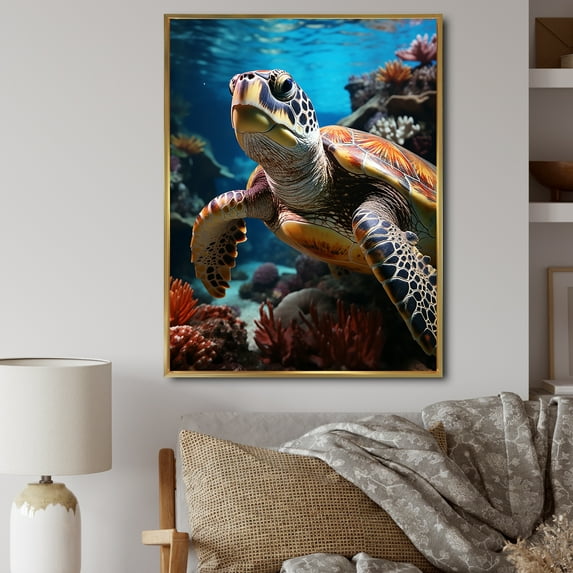 Designart "Turtle Encounter Green Blue Marine Animals IV" Animals Floater Framed Canvas Print