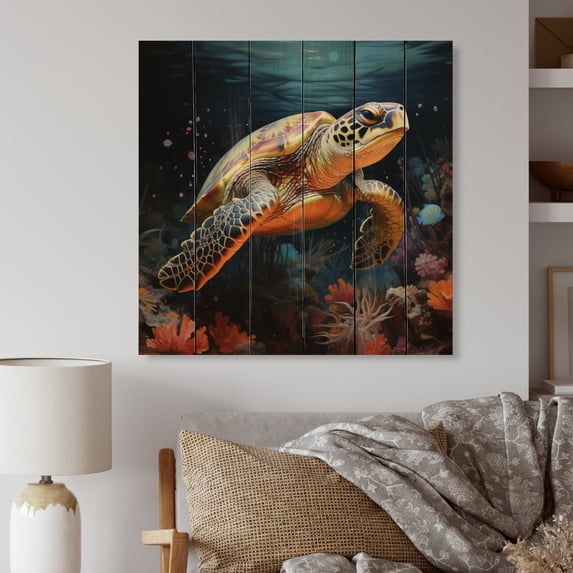 Designart "Turtle Encounter Green Blue Marine Animals VI" Animals Print on Natural Pine Wood