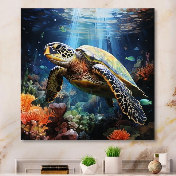 Designart "Turtle Encounter Green Blue Marine Animals VII" Animals Canvas Print