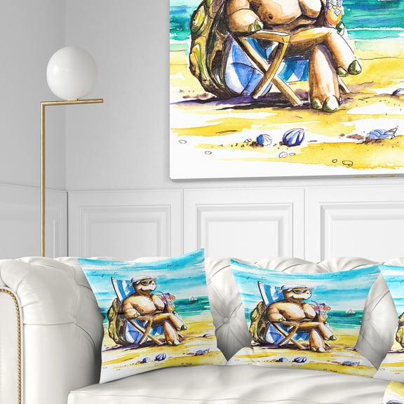 Designart Turtle Enjoying Holidays on Beach - Seashore Throw Pillow - 18x18