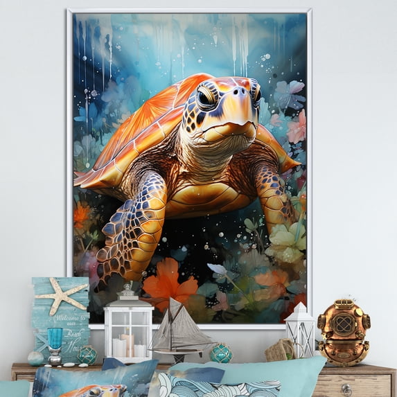 Designart "Turtle Harmony in Geometric Art" Animals Turtle Floater Framed Canvas Prints