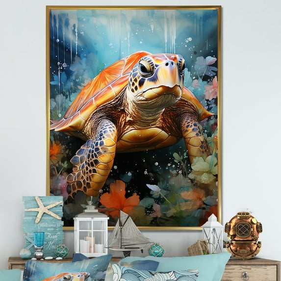 Designart "Turtle Harmony in Geometric Art" Animals Turtle Floater Framed Canvas Prints