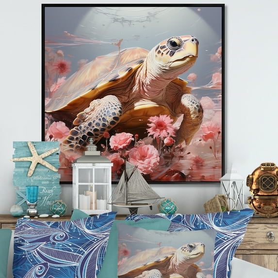 Designart "Turtle In Romantic Style" Animals Turtle Floater Framed Canvas Prints