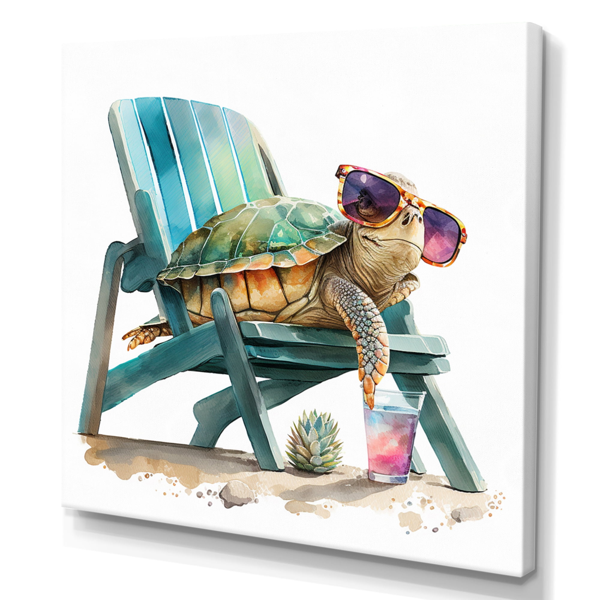 Green and Pink Turtle on Beach Chair Canvas Wall Art