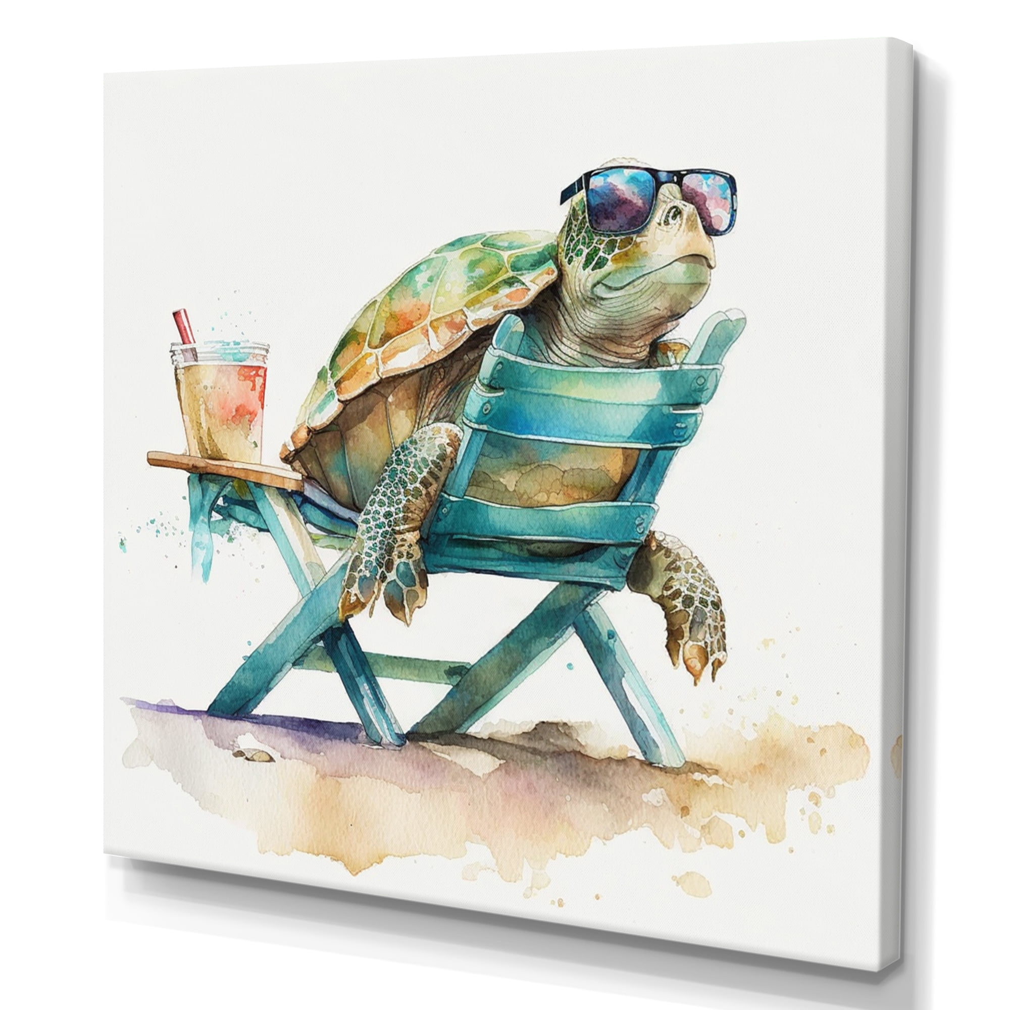 Green and Blue Turtle on Beach Chair Canvas Wall Art, 16 x 16