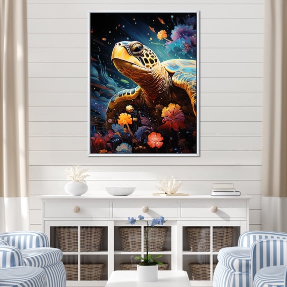 Designart "Turtle'S Intergalactic Voyage" Animals Turtle Floater Framed Canvas Art Print