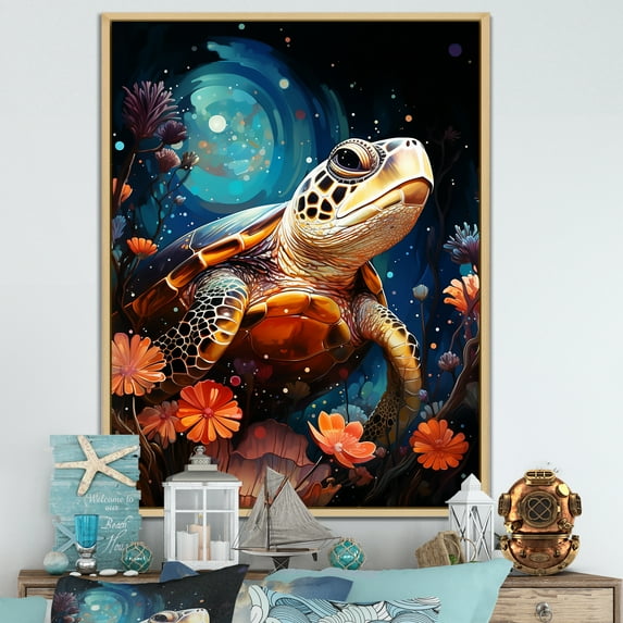 Designart "Turtle'S Intergalactic Voyage I" Animals Turtle Floater Framed Wall Art Prints