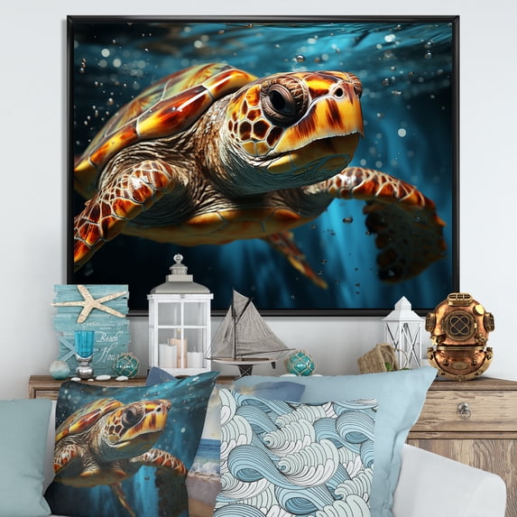 Designart "Turtle Serenity Depicted Abstractly I" Animals Turtle Floater Framed Wall Art Prints