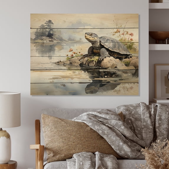 Designart "Turtle Sumi Asian Painting I" Asian Print on Natural Pine Wood