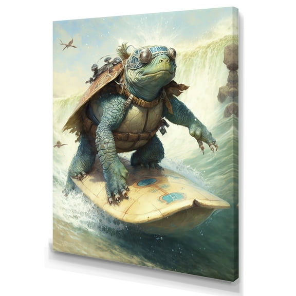 Designart Turtle Surfing With Goggles Canvas Wall Art