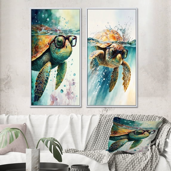 Designart "Turtle Wearing Stylish Glasses in the Ocean II" Turtle Framed Wall Art Set Of 2 - Green Animals Framed Wall Art Set Of 2