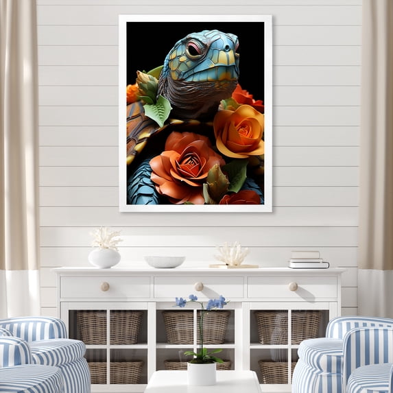 Designart "Turtle's Haven Floral Harbor Scene" Animals Framed Wall Art - Coastal Orange Coastal Animal Living Room Framed Canvas Art