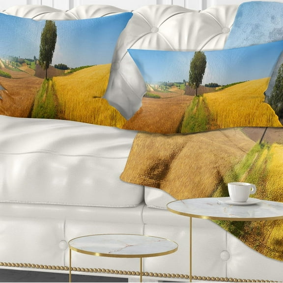 Designart Tuscany Wheat Field Hill Panorama - Landscape Printed Throw Pillow - 12x20