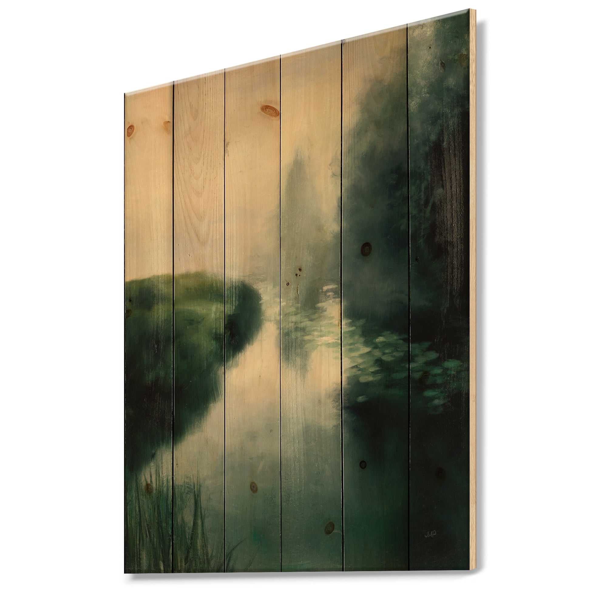 Designart 'Twilight Fog Lakeshore at Dawn' Landscape & Nature Print on Natural Pine Wood