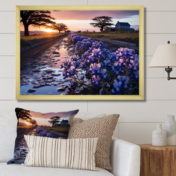 Designart "Twilight Purple Bonnets Field I" Blue Bonnets Picture Framed Canvas Art Print