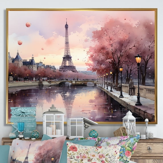 Designart "Twilight Rendezvous in Paris Pink Romance II" City Paris Floater Framed Wall Art Print