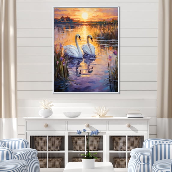 Designart "Twilight Serenity At Swan Lake II" Animals Swans Floater Framed Wall Art Prints