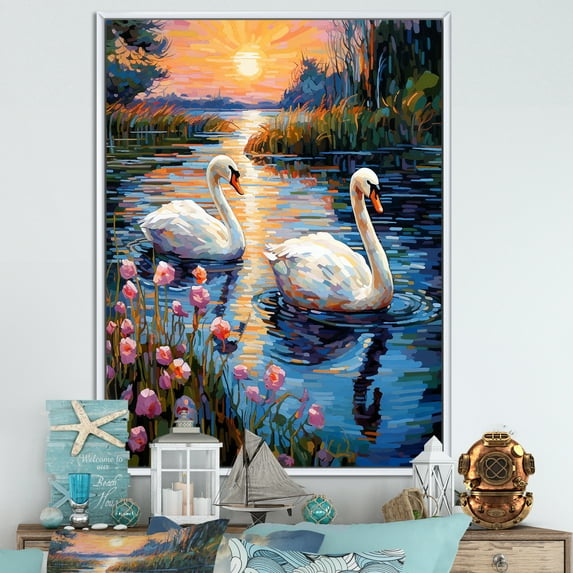 Designart "Twilight Serenity At Swan Lake III" Animals Swans Floater Framed Wall Art Living Room