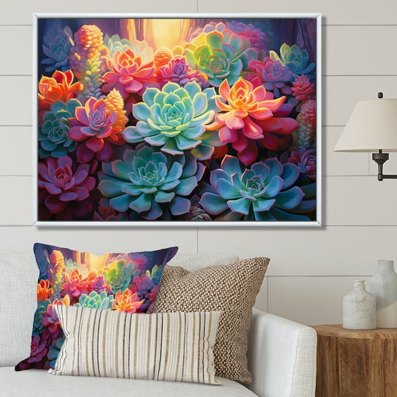 Designart "Twilight Succulents Colorful Allure" Floral Floater Framed Wall Art Print