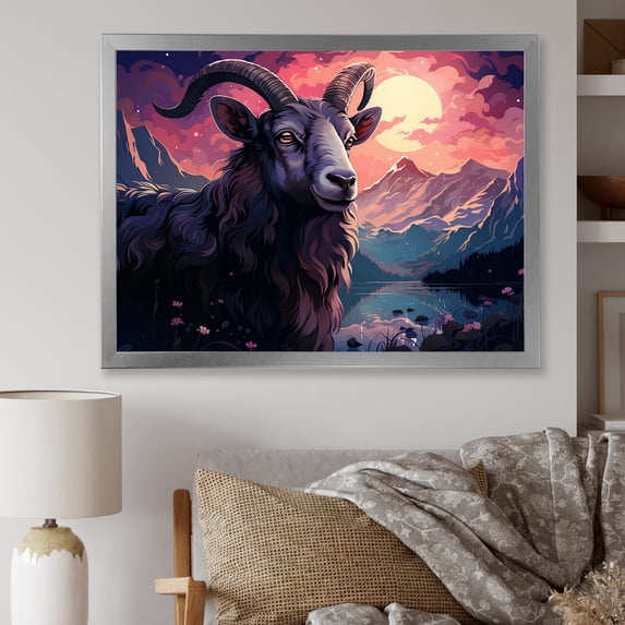 Designart "Twilight Trek of Buck Goat I" Animals Framed Wall Art Decor - Modern Farmhouse Blue Goat Living Room Framed Canvas Art