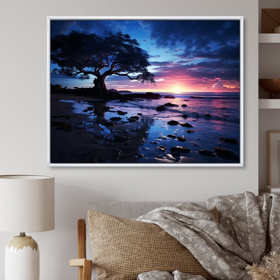 Designart "Twilight at the Lake Serene Sunset I" Landscape Sunset Floater Framed Wall Art Print