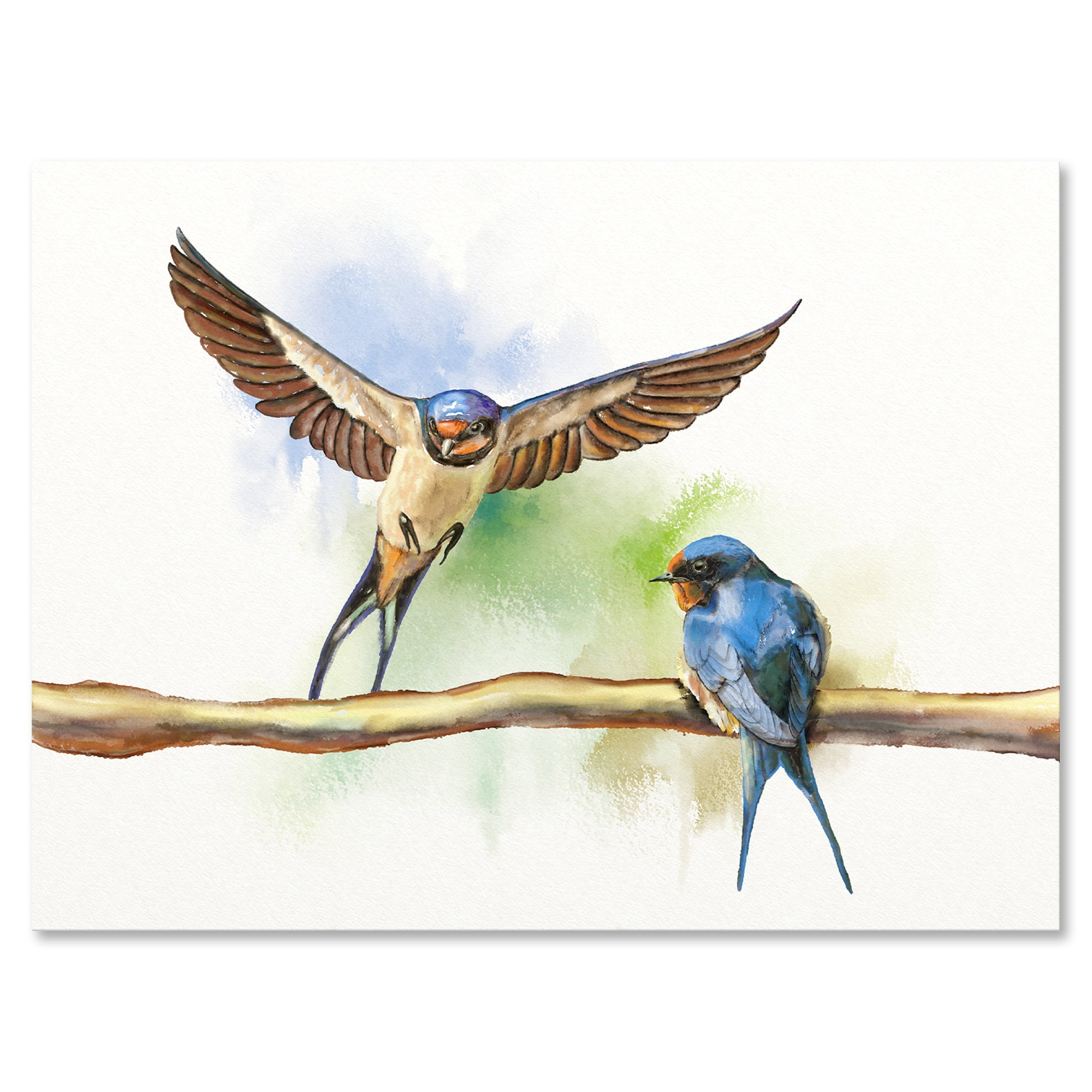 Designart ' Two Barn Swallows Birds On Branch ' Farmhouse Canvas Wall Art Print